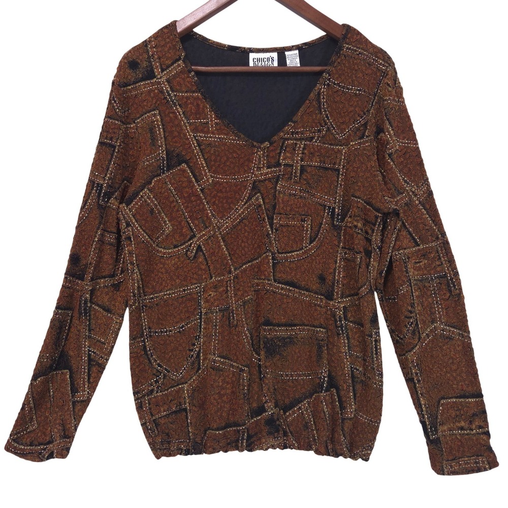 VTG Chico's Design Metallic Art to Wear Top Sz 2 Gold Brown Textured‎ Whimsigoth